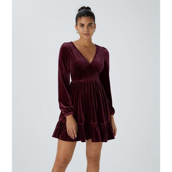 Halara Velvet Long Sleeve Mini Dress Dusky Purple Size Large Deep V Ruffle Hem - Picture 1 of 10